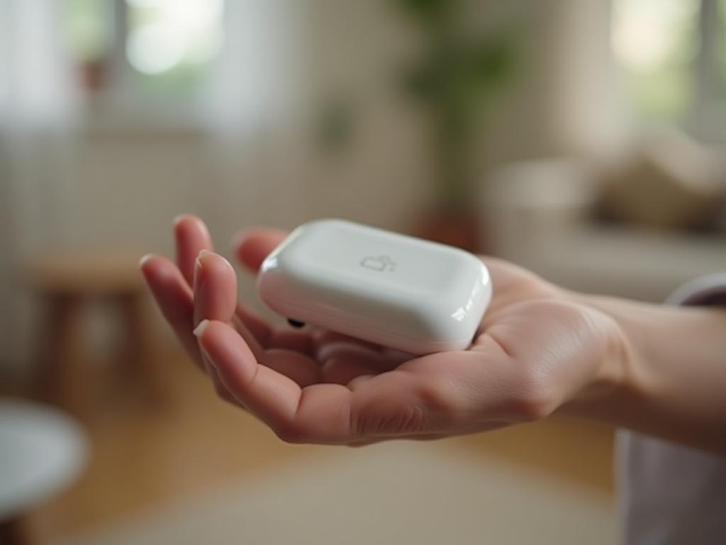 A close-up of a smart pet device being held by a hand, symbolizing the blend of technology and care.