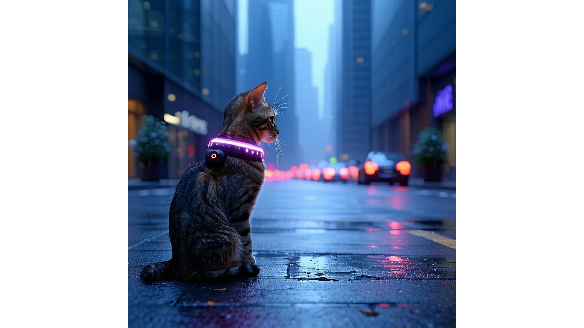 A modern smart cat collar glowing in an urban environment with city lights, symbolizing connectivity and safety.