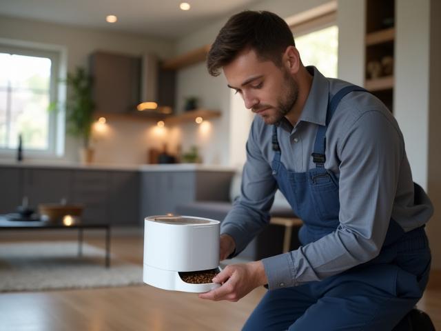 A technician wearing a uniform meticulously setting up a smart pet feeder device in a home environment.