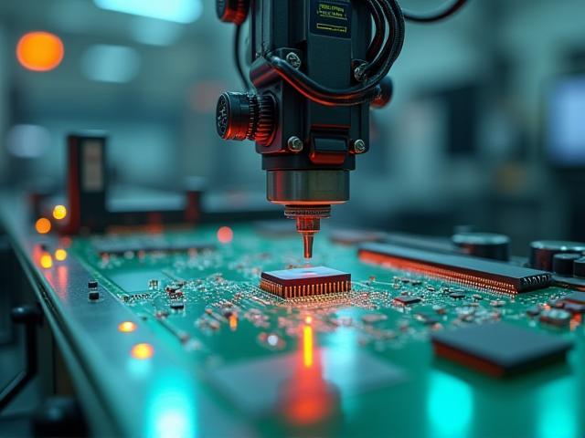 Close-up view of a robotic arm on an assembly line producing electronic circuit boards, symbolizing precise manufacturing.