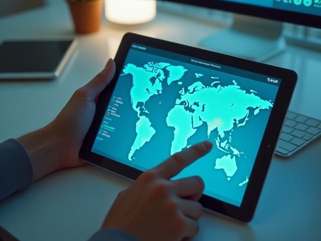A tablet displaying a real-time map with animal tracking points and health metrics, alongside a hand interacting with it.