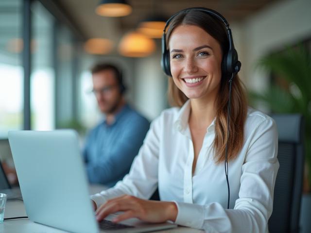 A customer service representative with a headset, smiling while typing on a laptop, symbolizing reliable support.